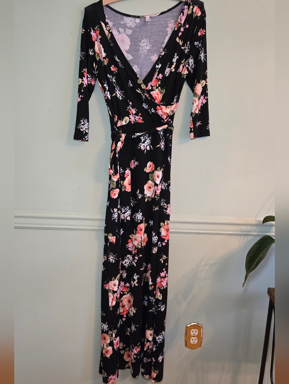 Black Floral Wrap Maxi Dress with Pink Blooms With Matching Waist Sash